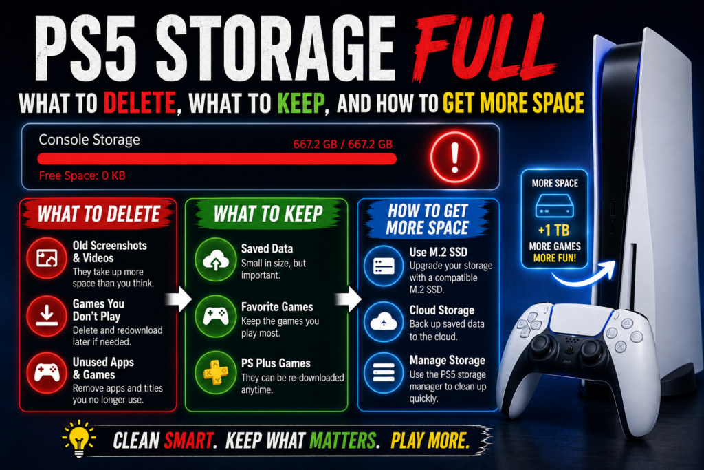PS5 Storage Full — What to Delete, What to Keep, and How to Get More Space 1 PS5 storage full tips to manage space
